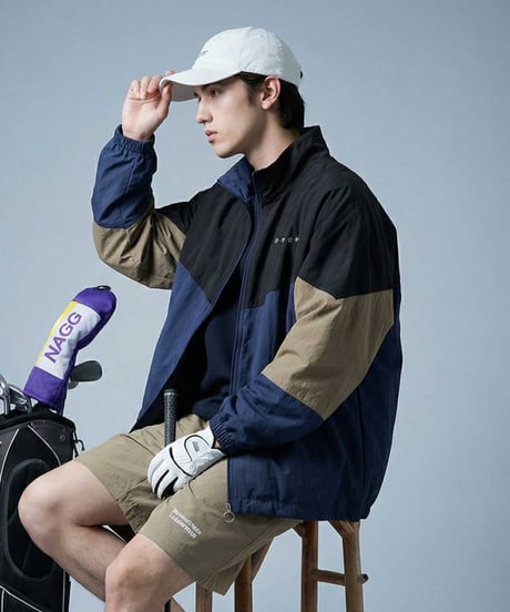 【ANTIQUAGOLF×STCH】Color Block Stand Zip Jacket-beige mix