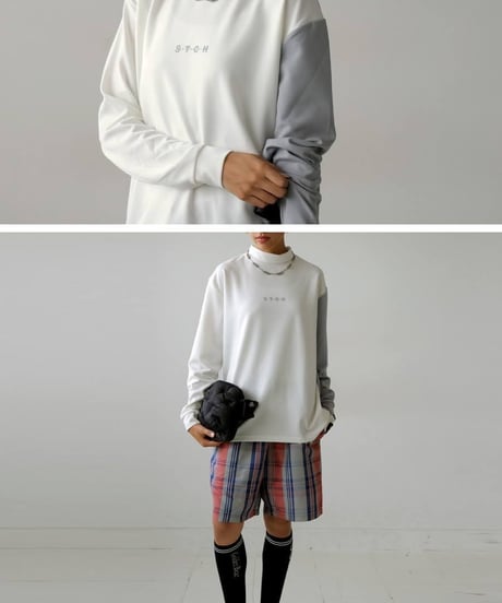 【ANTIQUAGOLF×STCH】UNISEX（ユニセックス）mock neck back logo Tshirt-white×lightgray