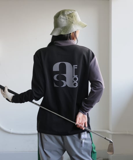 【ANTIQUAGOLF×STCH】UNISEX（ユニセックス）mock neck back logo Tshirt-gray×black