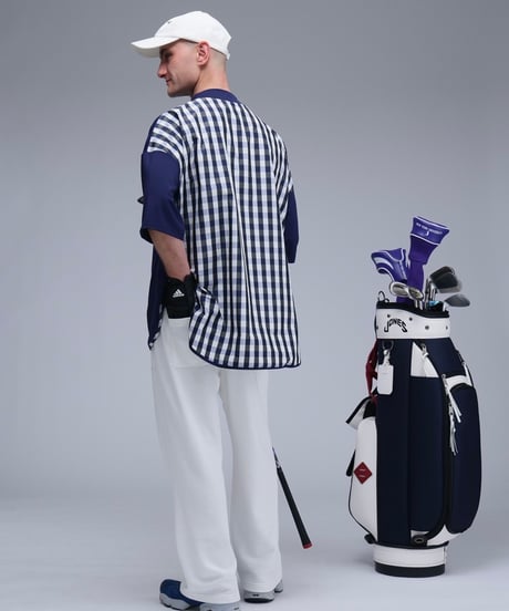 【ANTIQUAGOLF×STCH】UNISEX(ユニセックス)check pattern switching tops-navy