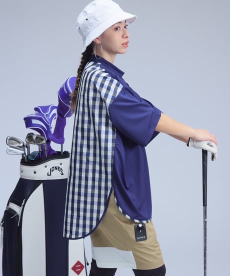 【ANTIQUAGOLF×STCH】UNISEX(ユニセックス)check pattern switching tops-navy