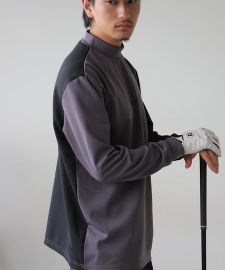 【ANTIQUAGOLF×STCH】UNISEX（ユニセックス）mock neck back logo Tshirt-gray×black