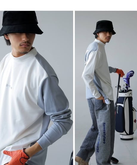 【ANTIQUAGOLF×STCH】UNISEX（ユニセックス）mock neck back logo Tshirt-white×lightgray