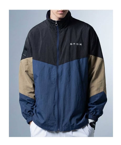 【ANTIQUAGOLF×STCH】Color Block Stand Zip Jacket-beige mix