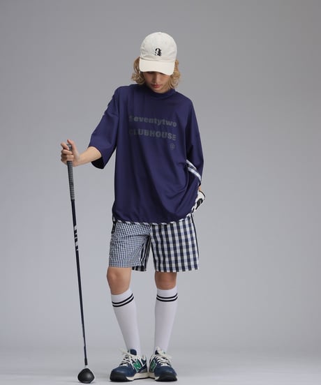【ANTIQUAGOLF×STCH】UNISEX(ユニセックス)check pattern switching tops-navy