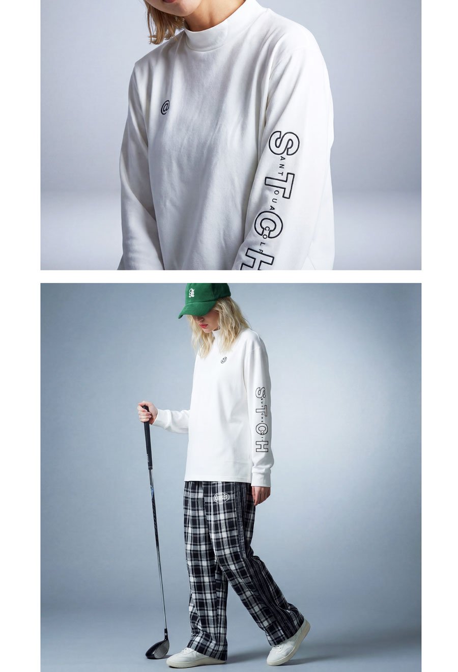 ANTIQUA GOLF×STCH】UNISEX（ユニセックス） ロゴ モックネックT-wh