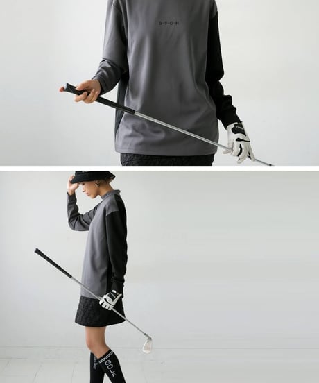 【ANTIQUAGOLF×STCH】UNISEX（ユニセックス）mock neck back logo Tshirt-gray×black