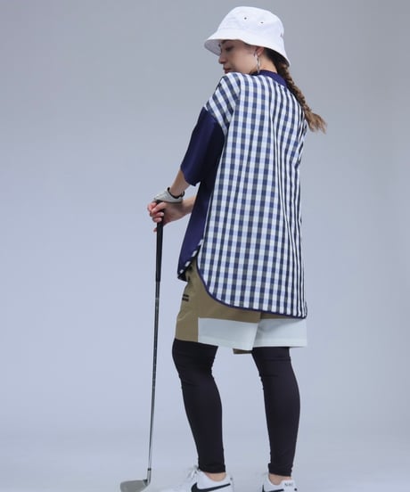 【ANTIQUAGOLF×STCH】UNISEX(ユニセックス)check pattern switching tops-navy