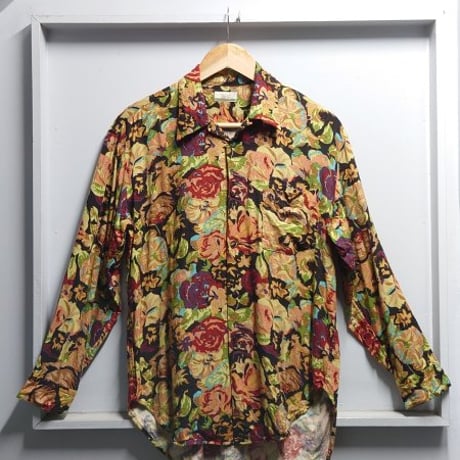 BASSO レーヨン ウール 花柄 オープンカラー シャツ S-M相当 総柄 長袖 開襟 日本製