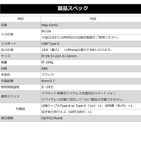 車載用マグネット式ワイヤレスチャージャー Mag-Car02