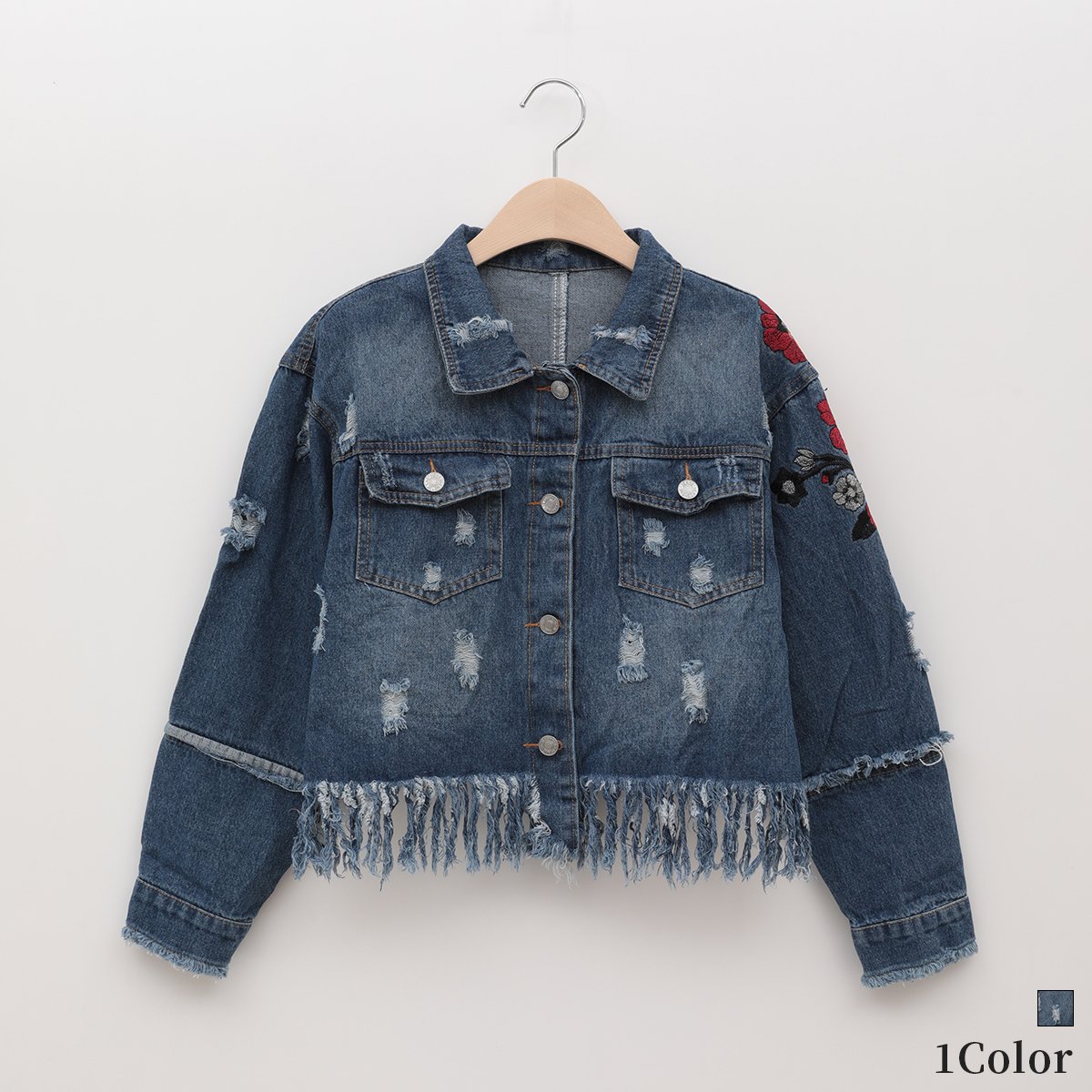フランシュリッペ　FL5ボタン刺繍可愛いデニムジャケット　未使用 フラワー刺繍フリンジヘムデニムジャケット[22034175]vivid | natural m