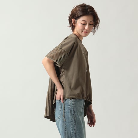 【UVカット】異素材切り替えバックプリーツカットソー[41411364]natural mist