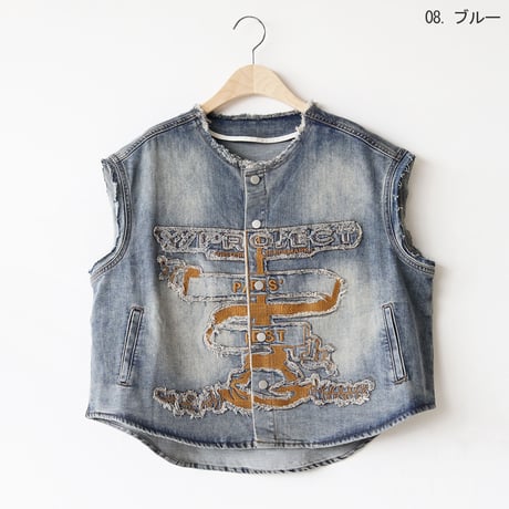 カットオフオーバーサイズラウンドヘム刺繍デザインデニムベスト[22034279]vivid