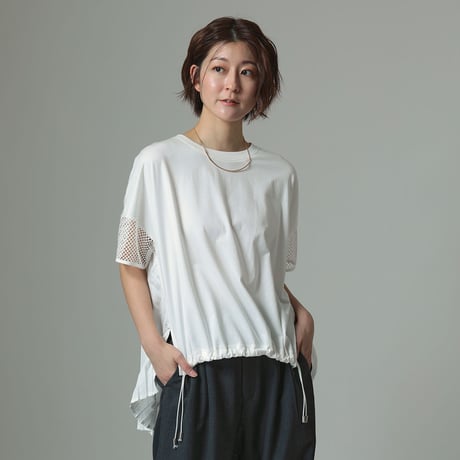【UVカット】異素材切り替えバックプリーツカットソー[41411364]natural mist