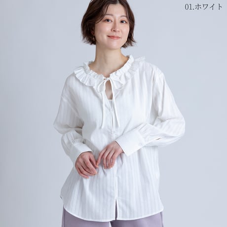 フリルネックコットンブラウス[15843031]オンライン限定
