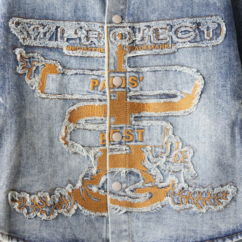 オーバーサイズラウンドヘム刺繍デザインデニムジャケット