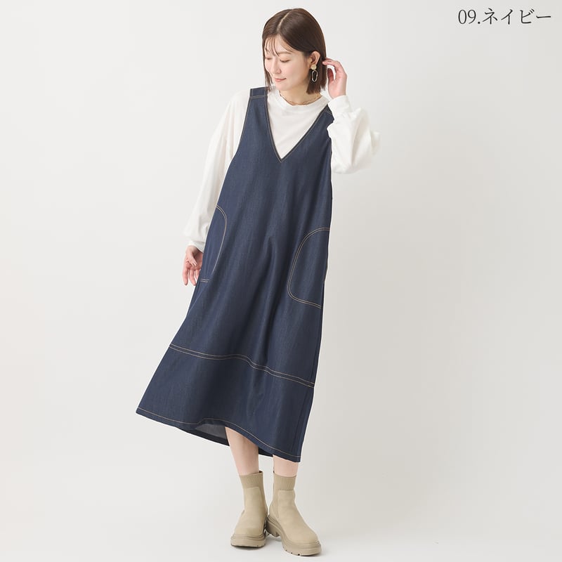 配色ステッチVネックデニムワンピース[61716138]natural mist | natu