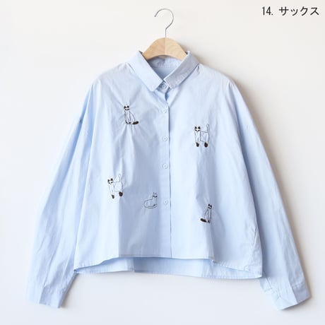 クロップド丈ネコ刺繍デザインシャツ[22033253]vivid