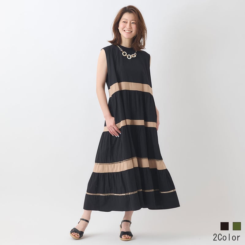 美品 ヌキテパ インド製　レース使いノースリーブワンピース B461 美品 ヌキテパ インド製 レース使いノースリーブワンピース B461