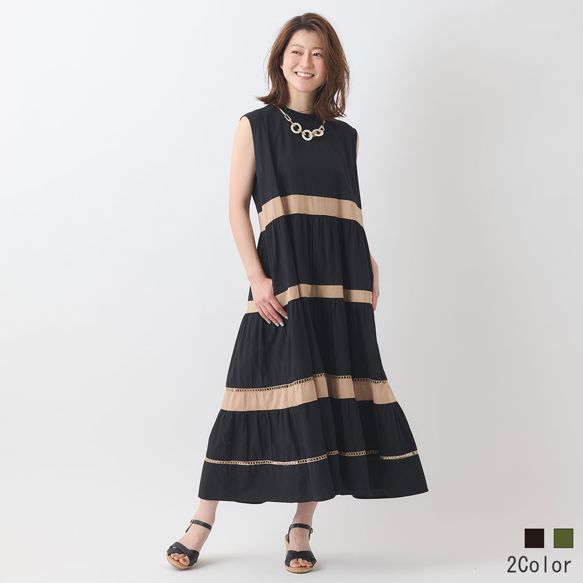 はしごレース切り替えノースリーブワンピース[30116240]natural