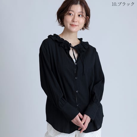 フリルネックコットンブラウス[15843031]オンライン限定