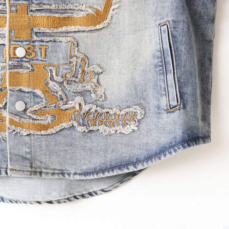 カットオフオーバーサイズラウンドヘム刺繍デザインデニムベスト