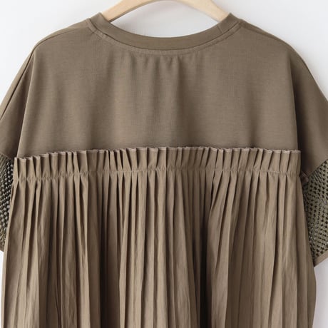 【UVカット】異素材切り替えバックプリーツカットソー[41411364]natural mist