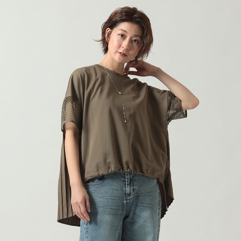 UVカット】異素材切り替えバックプリーツカットソー[41411364]natural