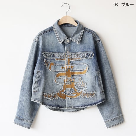 オーバーサイズラウンドヘム刺繍デザインデニムジャケット[22034284]vivid