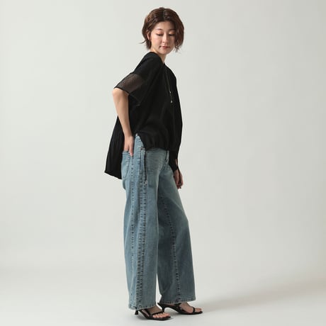 【UVカット】異素材切り替えバックプリーツカットソー[41411364]natural mist