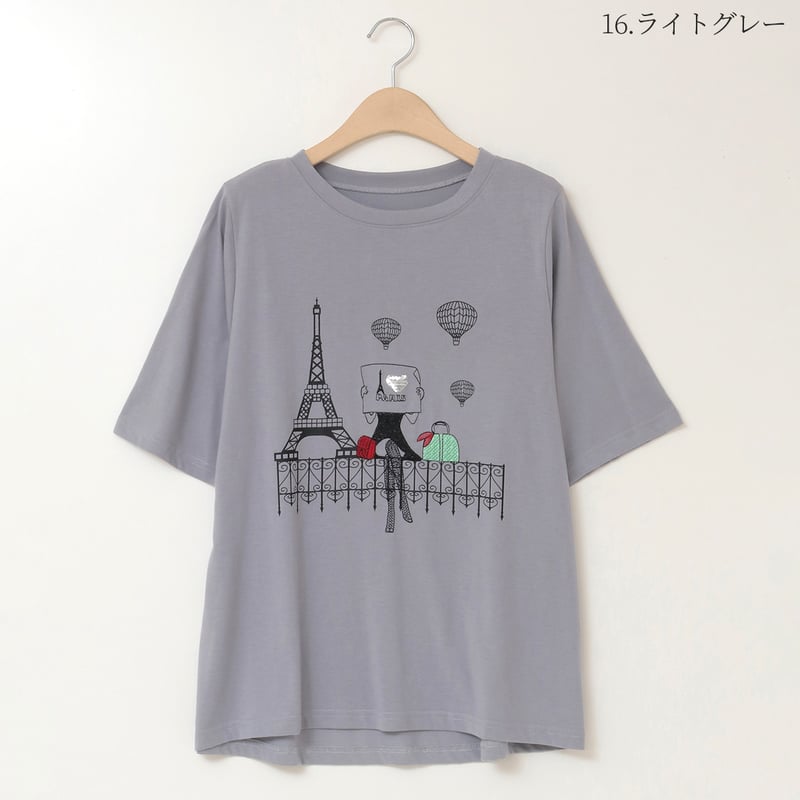 パリガールモチーフ刺繍デザインTシャツ[21711307] パリガールモチーフ刺繍デザインTシャツ[21711307]natural mist