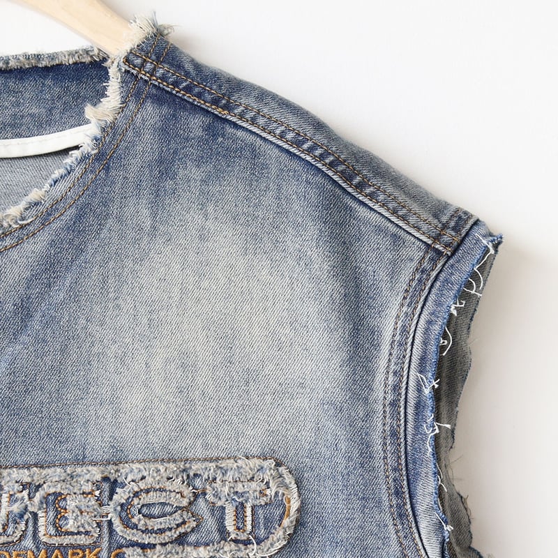 カットオフオーバーサイズラウンドヘム刺繍デザインデニムベスト