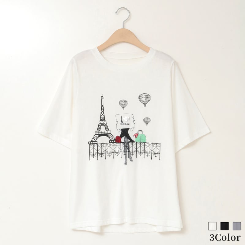 パリガールモチーフ刺繍デザインTシャツ[21711307]natural mist