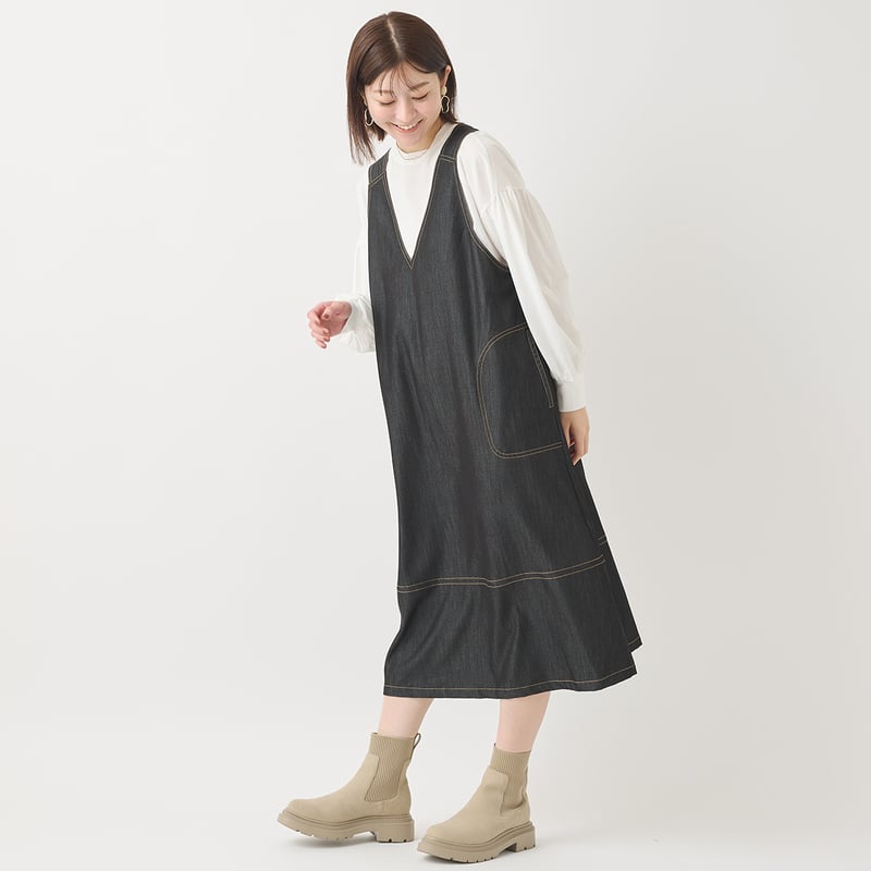 配色ステッチVネックデニムワンピース[61716138]natural mist | natu