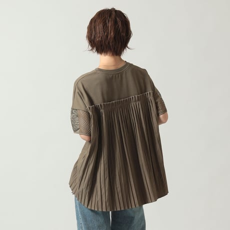 【UVカット】異素材切り替えバックプリーツカットソー[41411364]natural mist