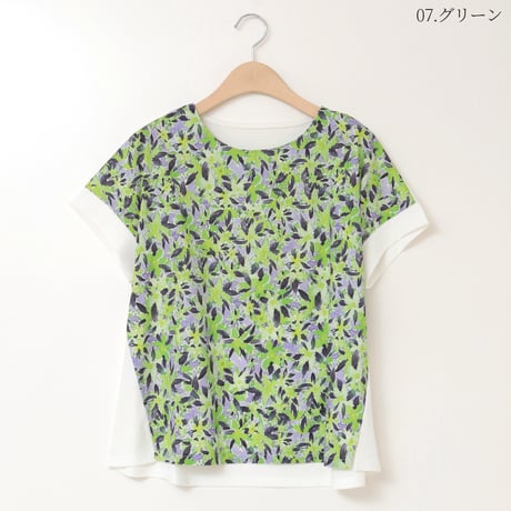 【UVケア】フラワー柄切り替えフレンチスリーブカットソー[41411293]natural mist