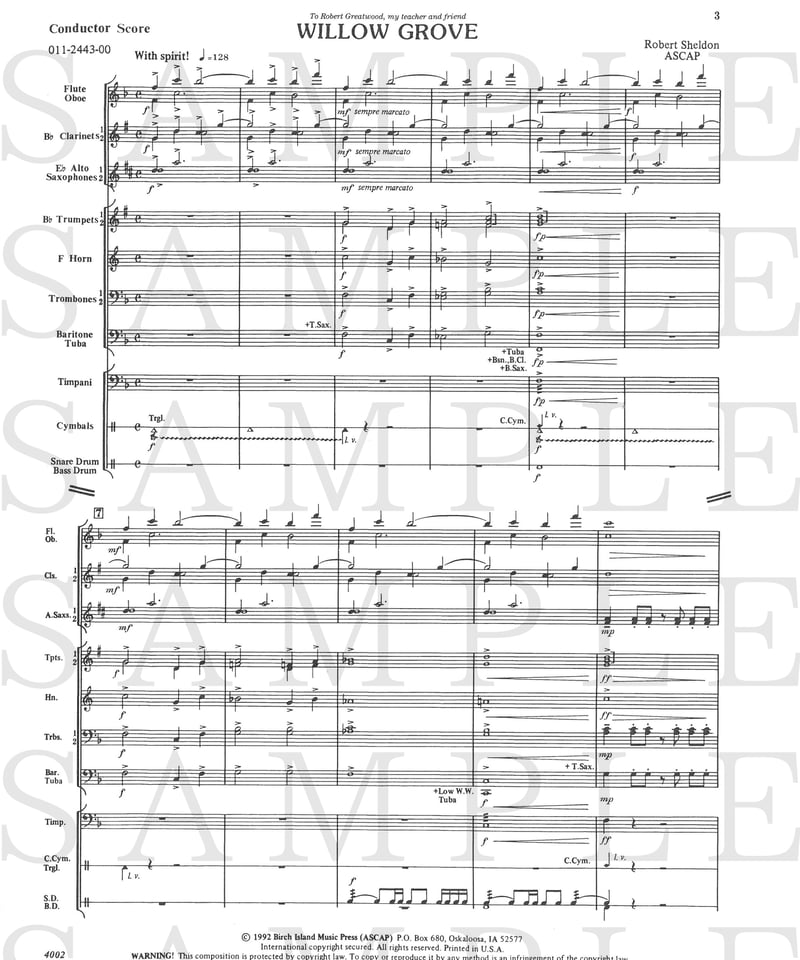 WILLOW GROVE Robert Sheldon 楽譜 011-2443-00】シェルドン：柳の森 (ウィロウ・グローヴ)＜吹奏楽