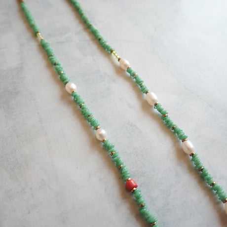 （1点もの）Green beads × Pearl 14kgf Necklace PN01