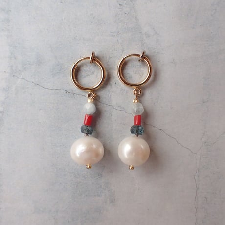 pearl × red coral ×  kyanite earring - E211