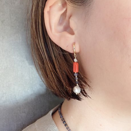 Iolite × Coral × Pearl  Earring- E158