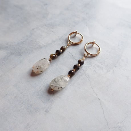 Obsidian × Rutilated Quartz earring - E185