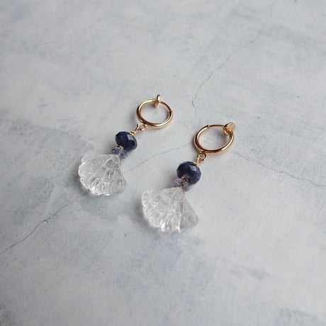 Flower carving QTZ × Sapphire Earring- E192