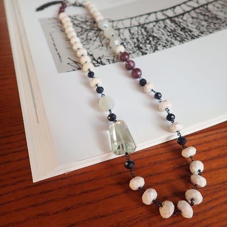 (一点もの）Green amethyst × river stone necklace  N15