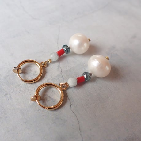 pearl × red coral ×  kyanite earring - E211