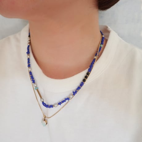 （1点もの）Blue beads × Pearl 14kgf Necklace PN02