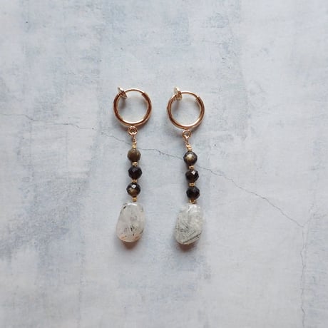Obsidian × Rutilated Quartz earring - E185