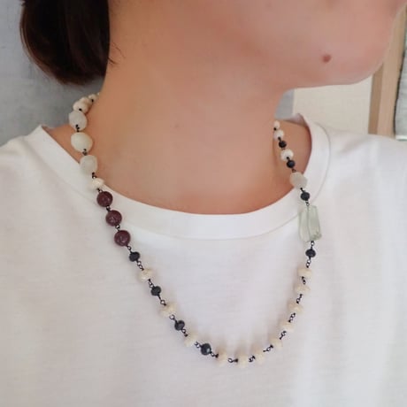 (一点もの）Green amethyst × river stone necklace  N15