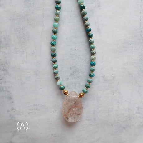 ✴︎Re new✴︎ chrysocolla × gold rutilated quartz necklace - N89