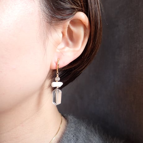 Black Rutile Quartz  × White coral Earring- E123
