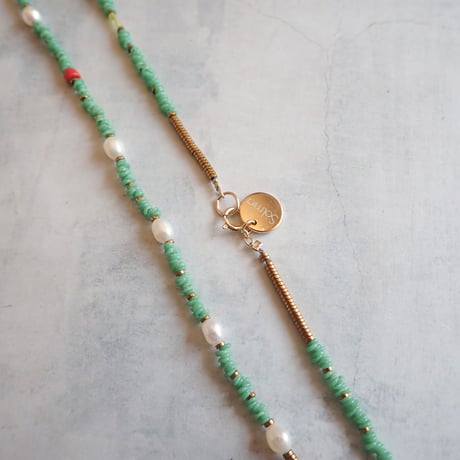 （1点もの）Green beads × Pearl 14kgf Necklace PN01